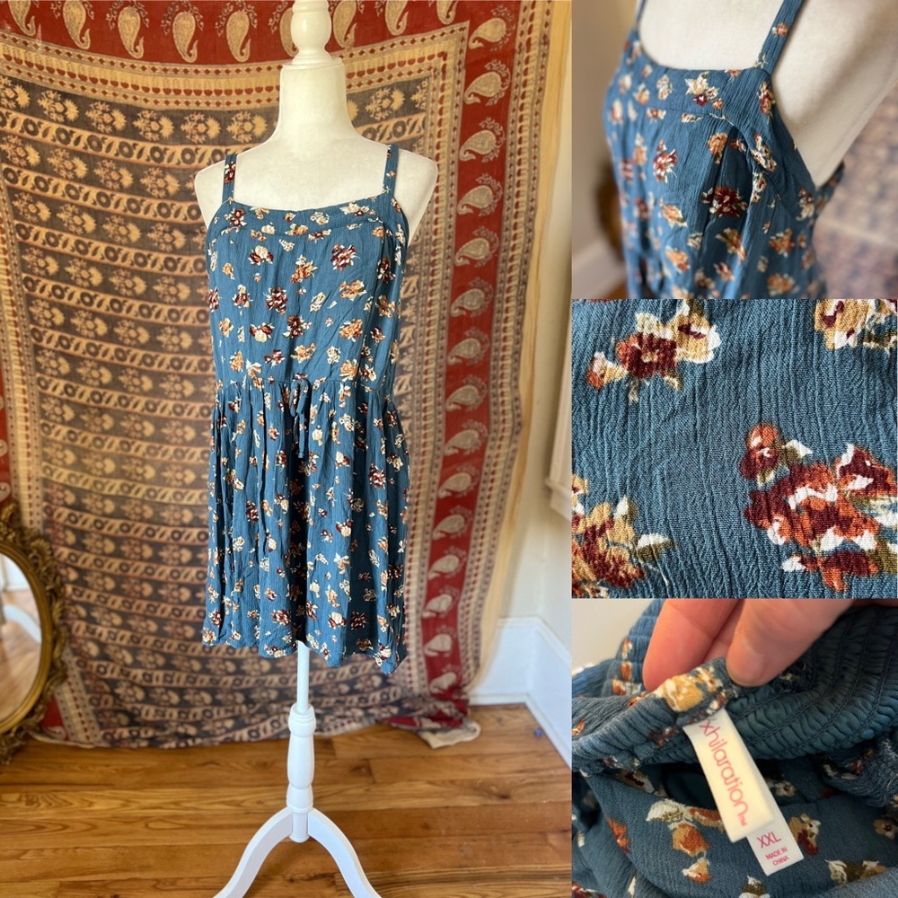 Floral Blue Sundress size XXL Flowy cottagecore smocked